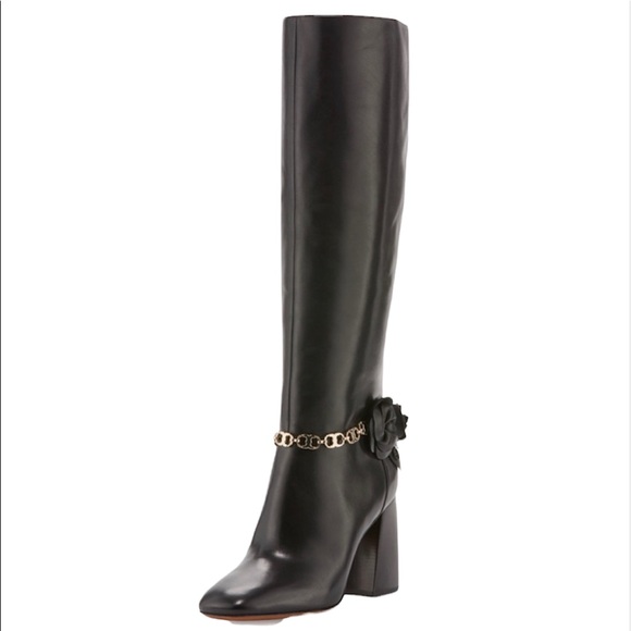 Tory Burch Leather Floral Blossom Knee High Heeled Boot - Picture 1 of 16